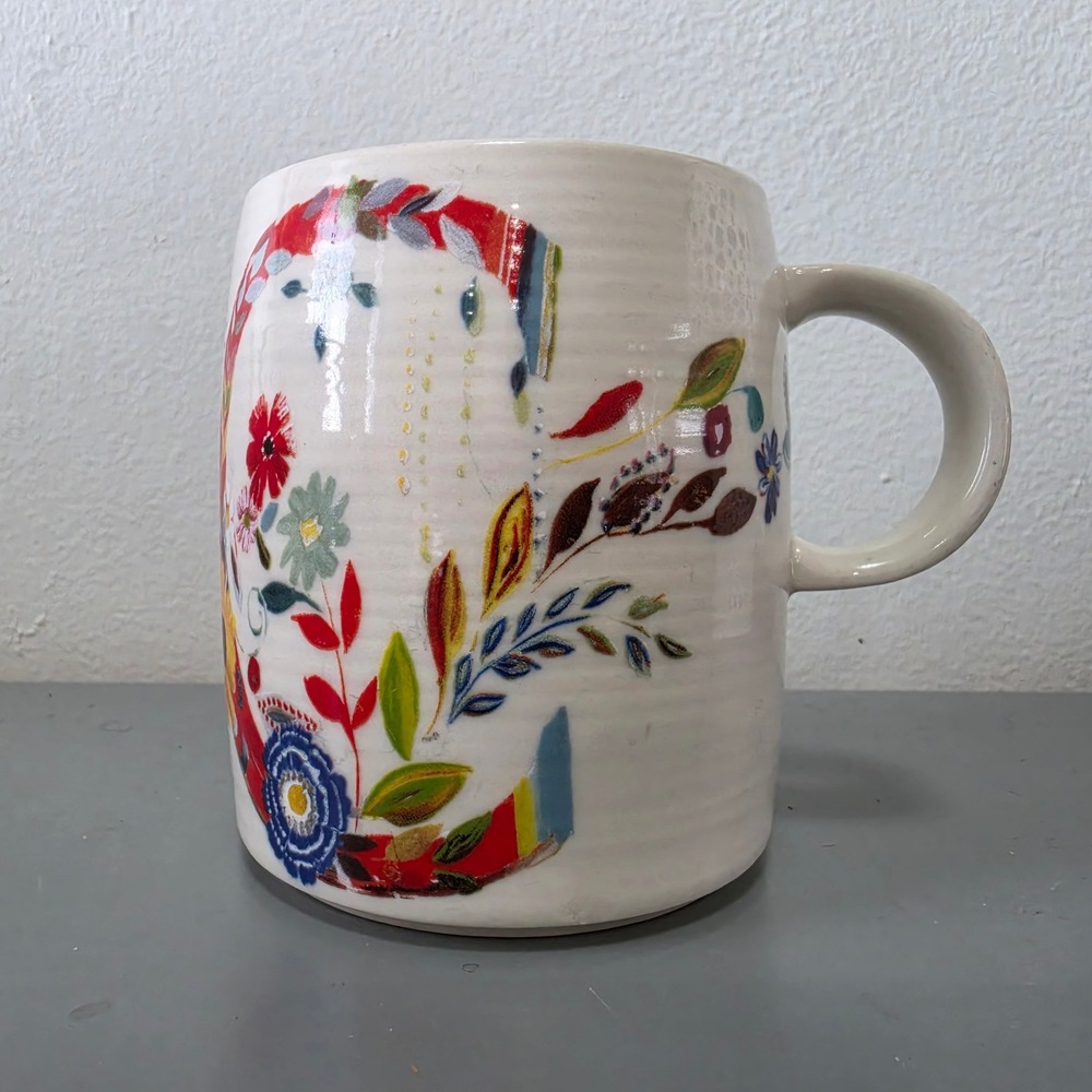 Anthropologie Starla M Halfmann Monogram C Floral Ceramic Coffee Mug Cream 4in